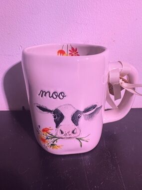 Rae Dunn White Ceramic 'Moo' Cow Mug with Floral Accents